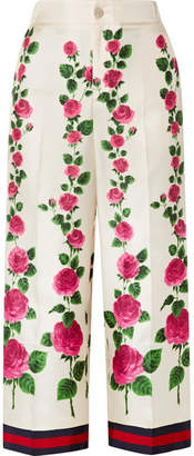 Gucci Cropped Grosgrain-trimmed Floral-print Silk-twill Wide-leg Pants - Ecru