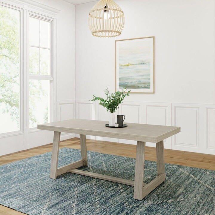 PLANK+BEAM Classic Rectangle Seashell Wirebrush Wood 72 in. Trestle Dining Table Seats 6