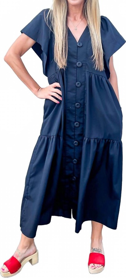 Entro Twirl-Worthy Flutter Sleeve Tiered Midi Dress In Black