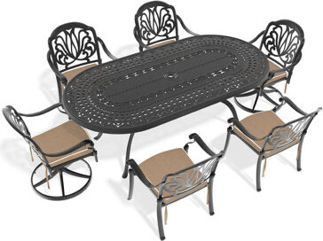 7 Cast Aluminum Outdoor Dining Furniture . 2 Swivel Chairs, 4 Chairs & Oval Table. Coating. Comfortable Seating Area. 6 Cushions. Easy To Install Arra