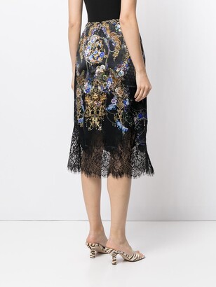 Camilla Lace-Trimmed Floral-Baroque Print Silk Skirt