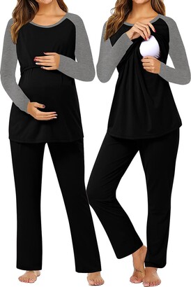 SUNNYME Women Cotton Pyjamas Set Long Sleeve Maternity Nursing Sleepwear  Set Raglan Pjs 2 Piece Loungewear Nightwear Black XL - ShopStyle