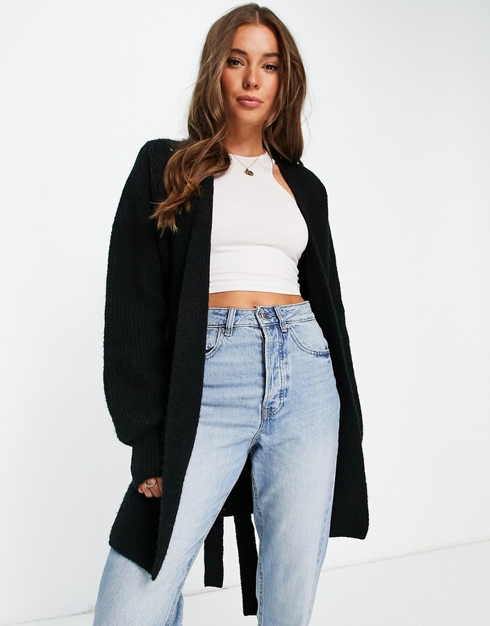 Topshop knitted balloon sleeve belted wrap cardigan in black - ShopStyle