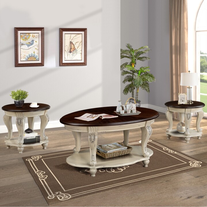 Streamdale Furniture Living Room Coffee Table Set Coffee Table & Two End Side Table 3-Piece Set for Office Living Room Apartment Beige and Espress