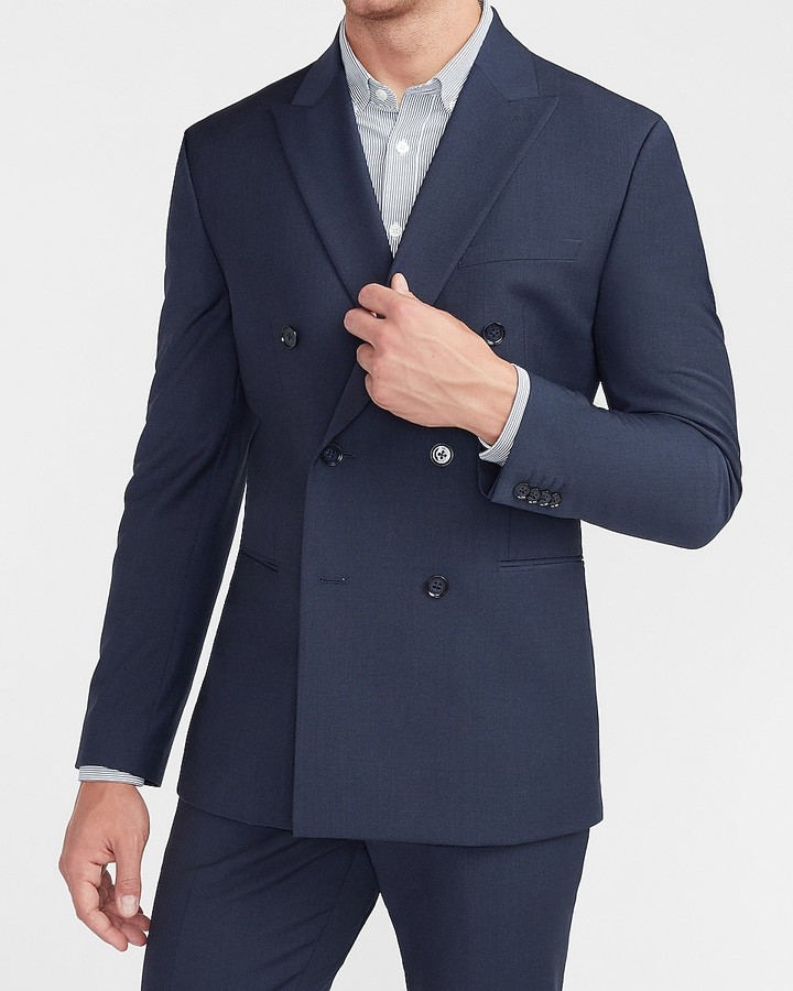 Express Slim Navy Double Breasted Modern Tech Suit Jacket ShopStyle