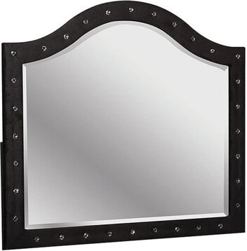 Rea Dresser Vanity Mirror, Crystal Tufted Gray Velvet Upholstery Arched Frame