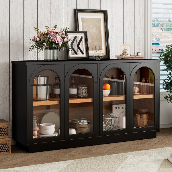 EPOCH VENTS 4-DoorArchedGlassBuffetCabinetwithAdjustableShelvesMDF&PineWoodSideboardforKitchenDiningRoom