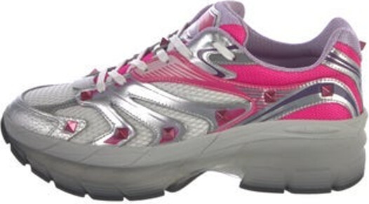 Valentino Mesh Low Top Sneakers Grey Metallic & Pink Printed Round-Toes with Studded Accents Platform Lace-Up Closure at Uppers Includes Box & Dust Bag