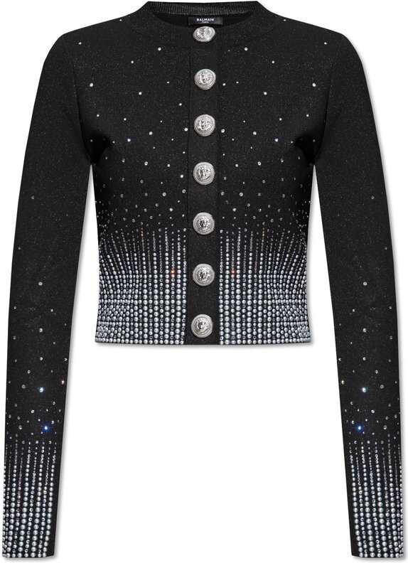 Balmain Houndstooth Printed Cropped Knit Cardigan in Black