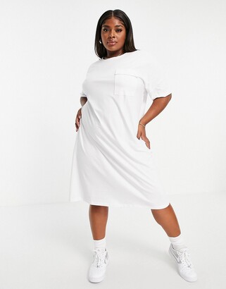 Noisy May Curve exclusive organic cotton midi t-shirt dress with pocket detail in white