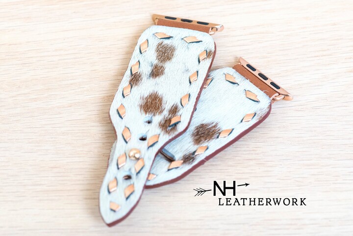 Leather Watch Band Roo Buckstitch Hair On Hide Peachy Spots Apple 38mm 40mm 41mm 42mm 44mm 45mm 46mm 49mm, Samsung Galaxy Ultra 47 8