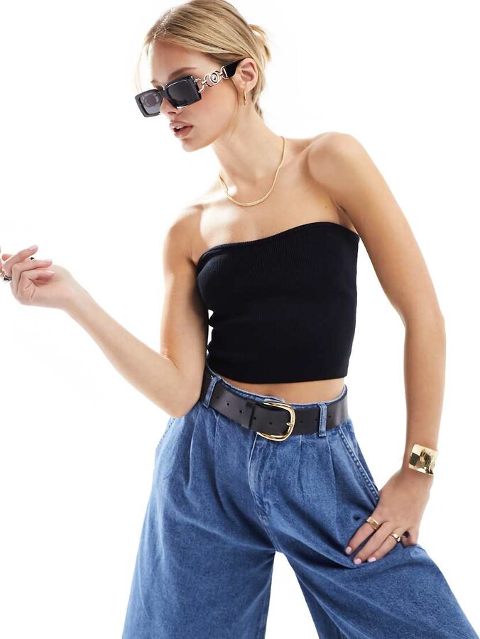 Miss Selfridge compact rib knit bandeau top in black