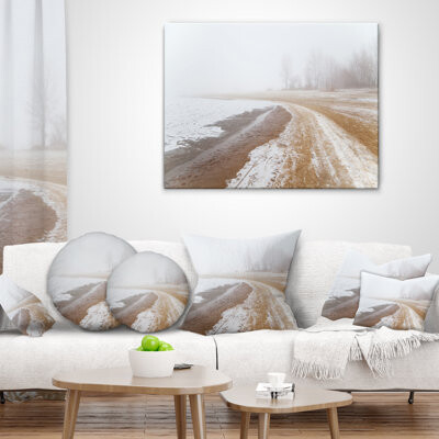 Design Art Sandy Beach in the Winter Fog - Sea & Shore Printed Pillow