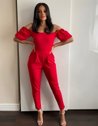 Outrageous Fortune off shoulder puff sleeve jumpsuit in red