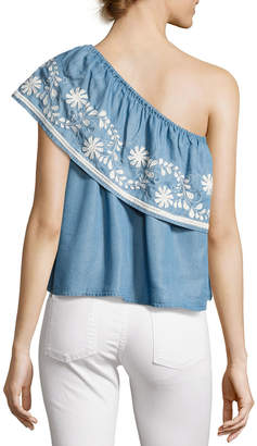 Rebecca Minkoff Rita One-Shoulder Embroidered Top, Light Blue