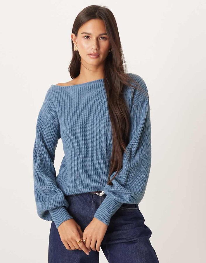 Threadbare knit boat neck sweater with balloon sleeves in blue