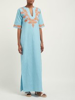 Thumbnail for your product : Muzungu Sisters - Lotus Floral-embroidered Cotton-blend Kaftan - Blue Multi