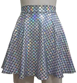 Pinda Summer Holographic Mermaid Scale High Waisted Flare Skater Skirt (S