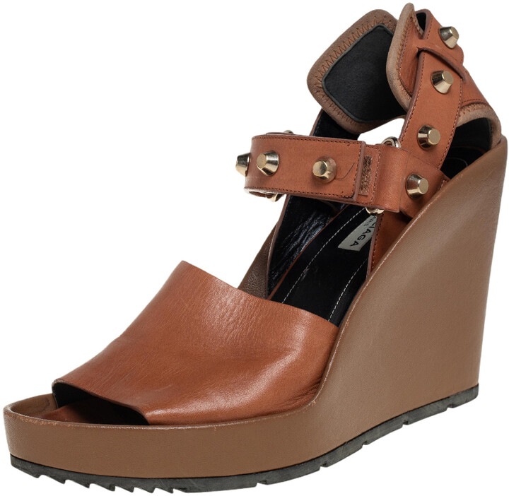 Balenciaga Brown Leather Wedge Ankle Strap Sandals Size 38.5 - ShopStyle