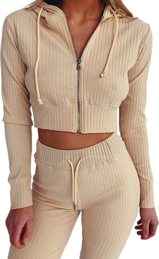Paitluc Women Long Sleeve Zipper 2 Piece Workout Fitness Active Outfits  Sweatsuits Pajamas Set Khaki XL - ShopStyle