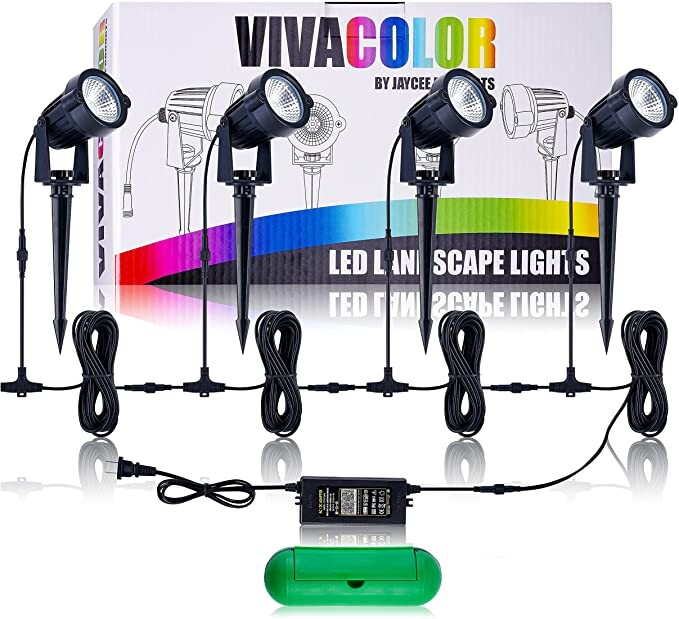 IP66 Waterproof RGB Complete Color Changing Landscape Lights Kit Bluetooth App Control, 48 Watts Total, Extra Long Cord, Built-in Timer, Programming, Music Sync, Mesh Capable(Complete 4 Light Set)