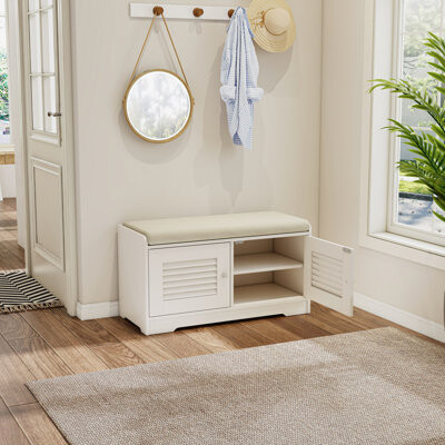 Shoe Storage Bench With 2 Door Cabinet, Entryway Bench With White Shoe Storage, Shoe Bench With Cushion, Adjustable Shelves, Shoe Rack Bench For Entr