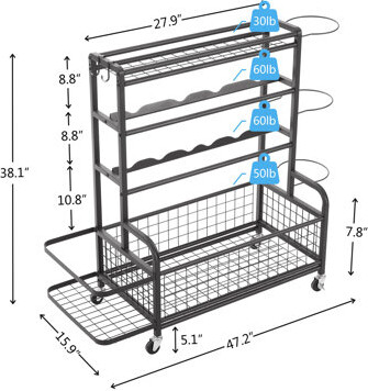 Metal 4 Storage For Sports Goods - , Yoga Mat, Tennis Racket, Organizer With Rolling Wheels Equipment