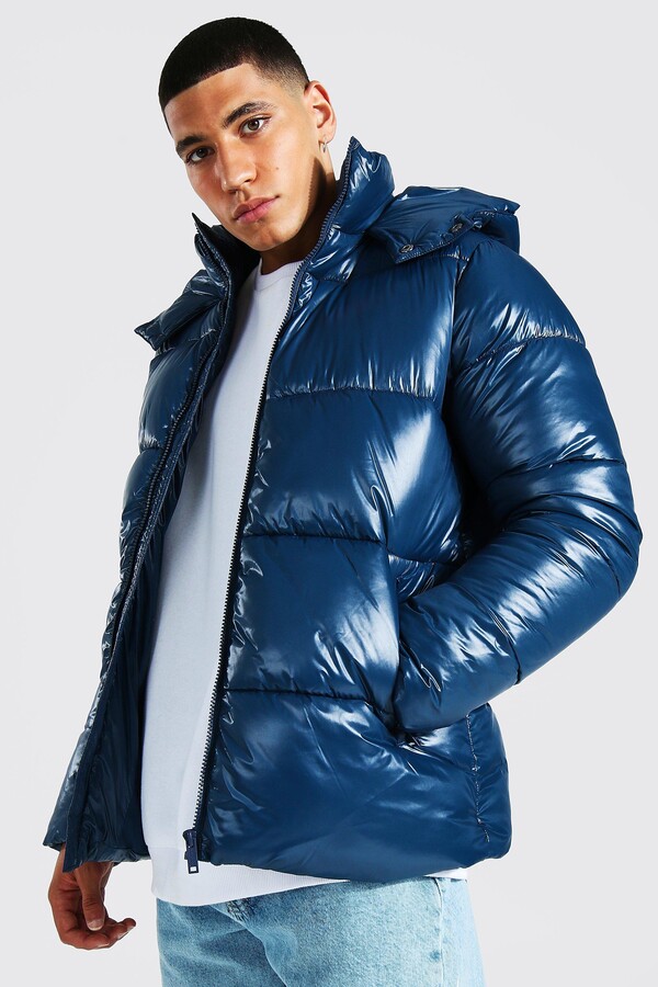 boohoo Mens Navy High Shine Panel Puffer Jacket ShopStyle
