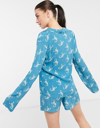 NIGHT woven short pajama set with scorpion print in blue