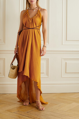 CARAVANA Ayikal Open-back Leather-trimmed Cotton-gauze Maxi Dress - Orange
