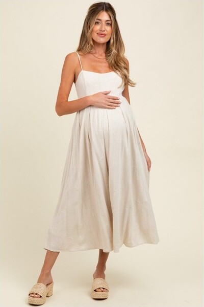 PinkblushBeigeLinenRibbonPatternEmbroideredMaternityMidiDressLarge