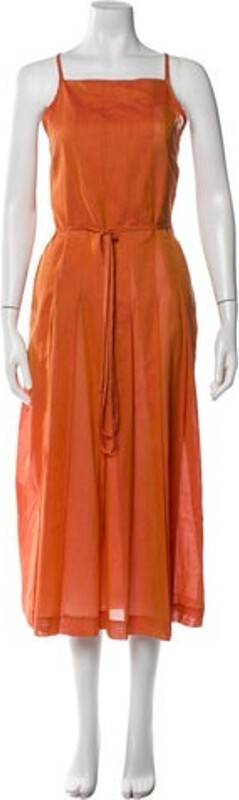 Rene Lezard Dress Orange Pleated Accents Sleeveless with Square Neckline