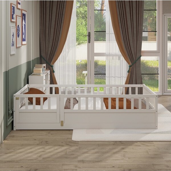 RacxilyTwinSizeMontessoriFloorBedwithSuperHighSecurityBarrierdoorChildren'sSolidWoodBedFrameforKidswhite