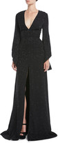 Thumbnail for your product : Brandon Maxwell V-Neck Long-Sleeve Pineapple-Jacquard Front-Slit Evening Gown