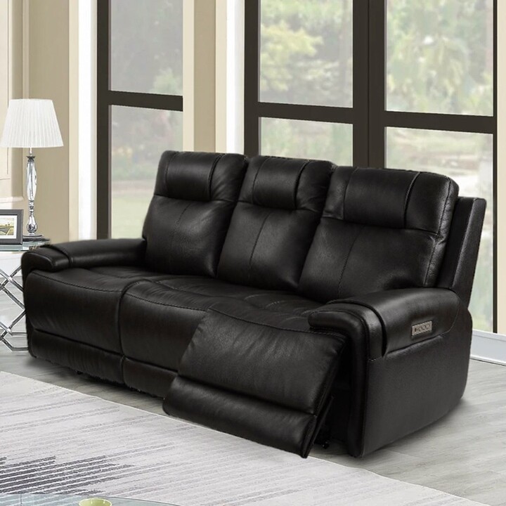 LY & S Collection 93" W Top Grain Leather Power Reclining Sofa with Power Headrest, Side Pocket