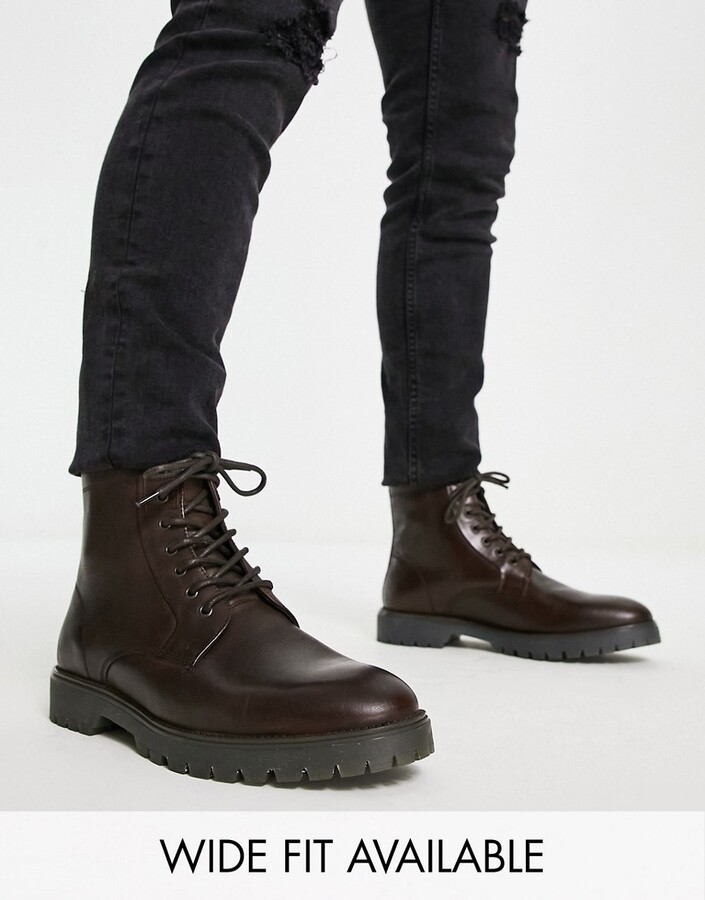 ASOS DESIGN lace up boots in brown leather with chunky sole - ShopStyle