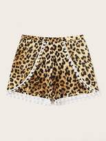 Thumbnail for your product : Shein Plus Leopard Pom-pom Trim Swimming Shorts