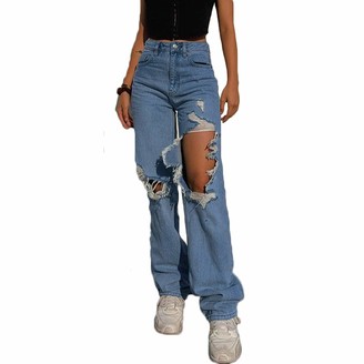 Anaike Women's High Waisted Wide Leg Ripped Jeans Straight Denim Casual ...
