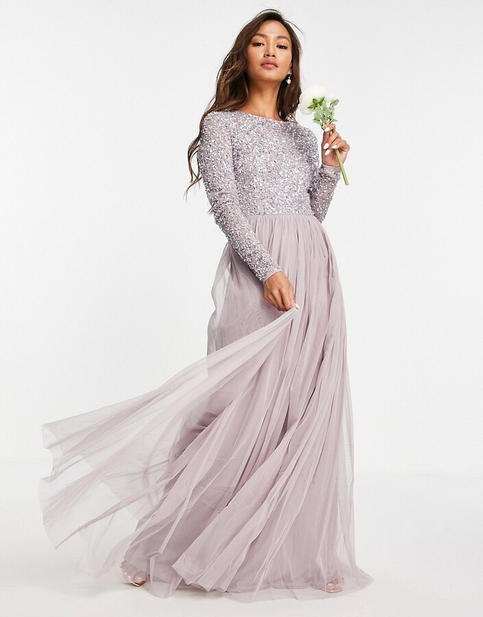 Maya Bridesmaid long sleeve maxi tulle dress with tonal delicate sequins in  lilac gray - ShopStyle