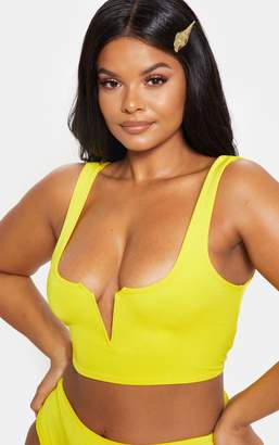 PrettyLittleThing Plus Bright Yellow V Bar Detail Bikini Top