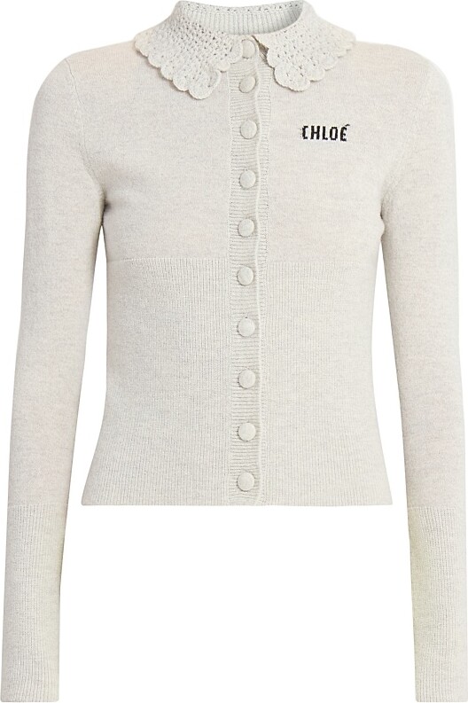 Chloé Women's Logo Crochet Collar Wool Cardigan - Sweet Grey - Size Large