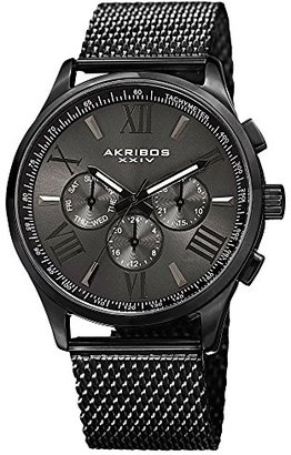 Akribos XXIV Men's AK844BK Round Dark Gray Radiant Sunburst Dial Two Time Zone Quartz Bracelet Watch