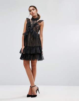 Three floor Mini Lace Dress with High Neck