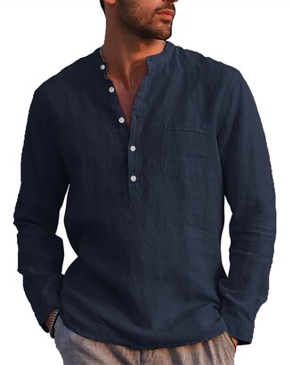 LVCBL Linen Shirts Men Shirt Men Long Sleeve Regular Fit Henley Shirts  Khaki L - ShopStyle