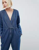 Thumbnail for your product : ASOS Design Denim Jumpsuit With Wrap Front In Darkwash