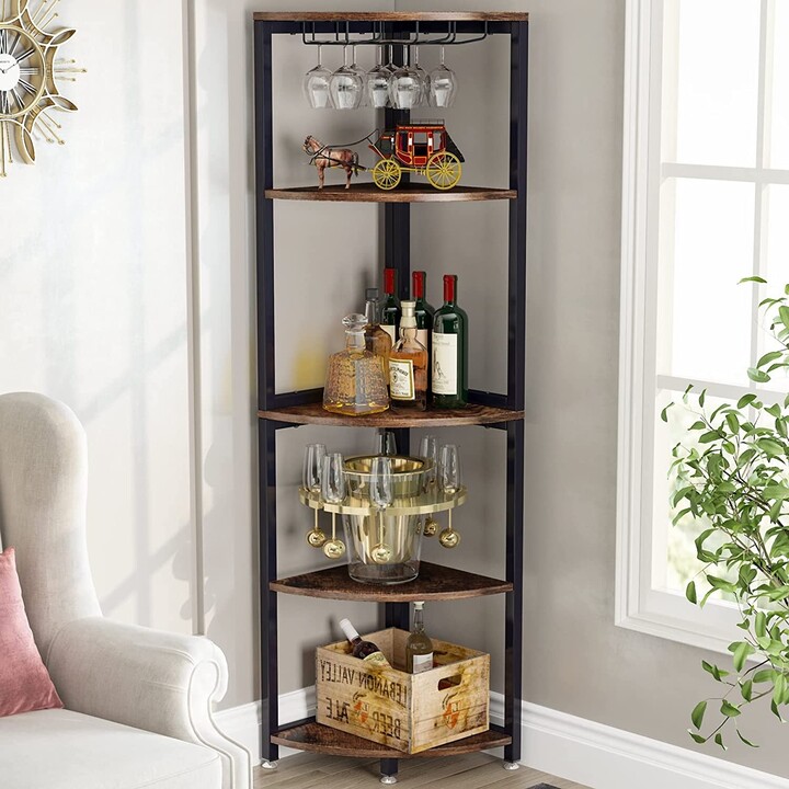 Farfarview Corner Shelf, Corner Wine Rack with Glass Holder, 5 Tier