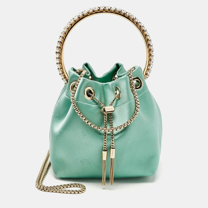 Jimmy Choo Mint Green Satin Crystals Bon Bon Bucket Bag