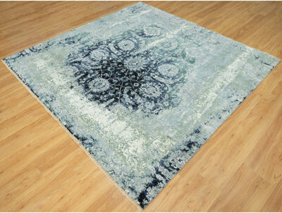 Wildon Home 8'x8' Blue Hand Knotted Erased Zoroastrian Wool and Silk Square Rug 4F34C4B4F20C4A6BA6A6E20D528DC1D3