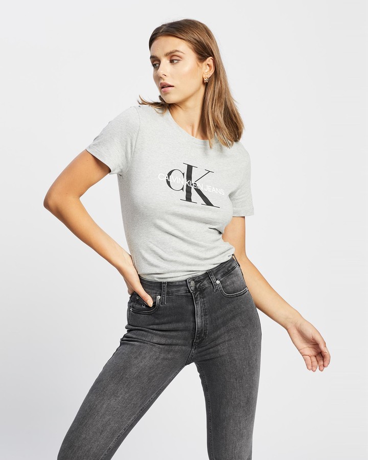 Calvin Klein Jeans Women's Grey Printed T-Shirts - Core Monogram Logo T- Shirt - ShopStyle