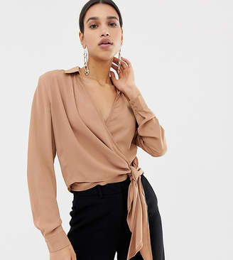 Missguided tie side wrap shirt in camel